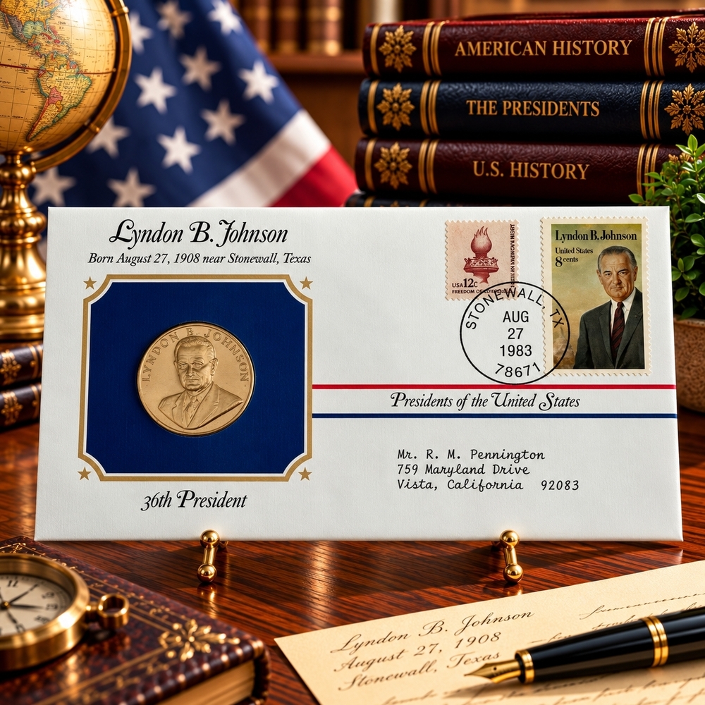 Lyndon B. Johnson 36th President Postal Commemorative Society Gold Medal Cover